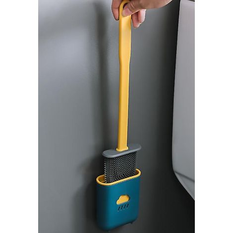 Brosse de toilette en silicone à poils flexibles avec manche antidérapant et support à séchage rapide - Bleu (1/4)