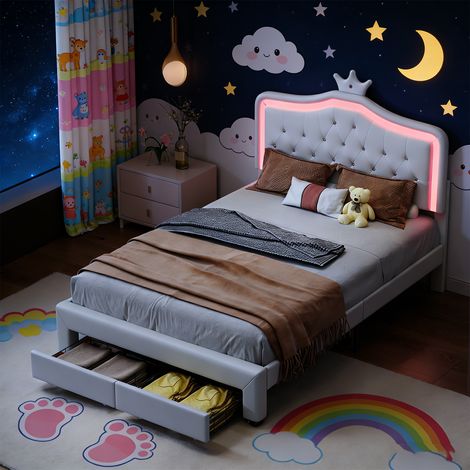 Lit enfant 140x200 cm avec 2 tiroirs, lit  avec éclairage LED, lit rembourré couronne avec tête de lit réglable, lit fille avec sommier à lattes, cadre de lit double, couronne princesse, lit jeune, PU (1/5)