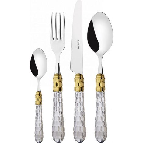 24 pièces couverts ensemble dans un boîtier en bois transparent transparent Cristallo ghiera dorata Bugatti