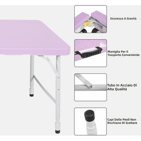 Tavolo pieghevole portatile 125 cm con maniglia, altezza regolabile per interni ed esterni, capacità 135 kg, multifunzionale per campeggio picnic feste, colore viola (1/5)