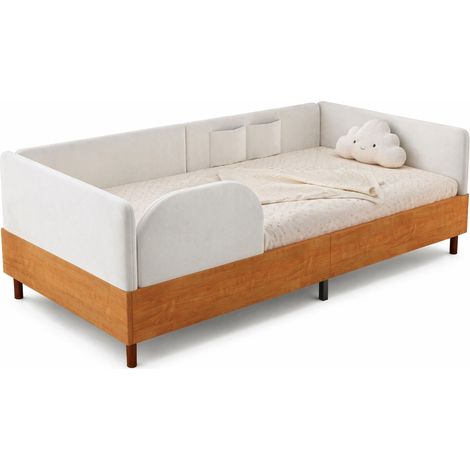 Lit rembourré 90x200 en velours blanc et bois clair, avec 2 poches de rangement, cadre sécurisé pour enfant, style moderne - CHICFURN (1/5)