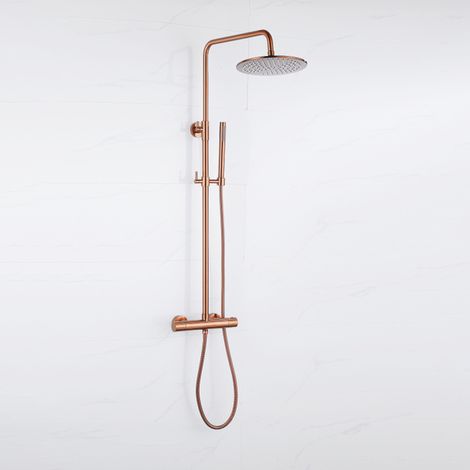Fortifura Calvi Ensemble de douche pluie - thermostatique - douche principale 25cm - flexible en métal - douchette à main - Cuivre brossé PVD (Cuivre)