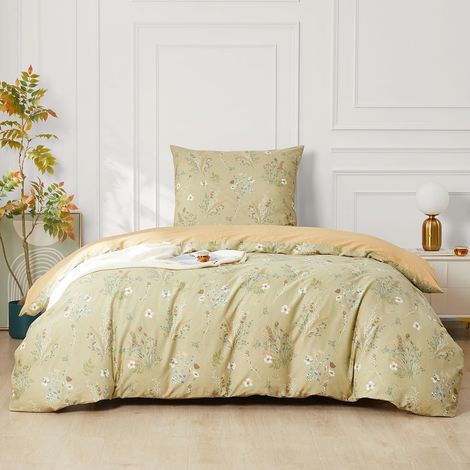Bettwäsche 155x220 cm Baumwolle Grün Blumenmuster 2-teilig mit Reißverschluss