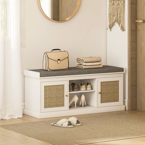Banquette à chaussures 105x35x47 cm Blanc avec portes, étagère en rotin réglable et ouverte pour l’entrée de la chambre