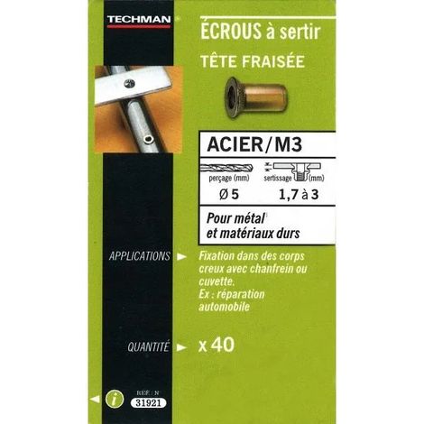 40 Tuercas de engaste de acero M3 con cabeza avellanada TECHMAN