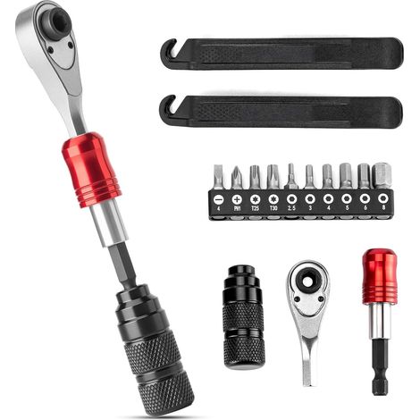 Set di attrezzi con chiave a cricchetto, kit di riparazione per bicicletta multifunzionale 13 in 1, accessori portatili per biciclette pieghevoli, chiave a cricchetto reversibile con 10 inserti e 2 le