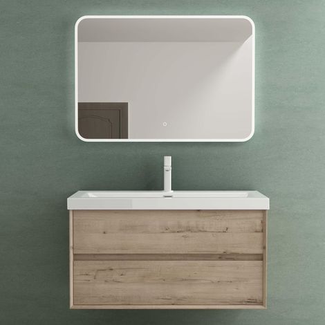 Mai & Mai Badmöbelset Badezimmermöbel Waschbeckenunterschrank 2 Schubladen mit Soft-Close inkl. Waschbecken aus Mineralguss und LED-Badspiegel Eiche Greige 100 cm Rimo