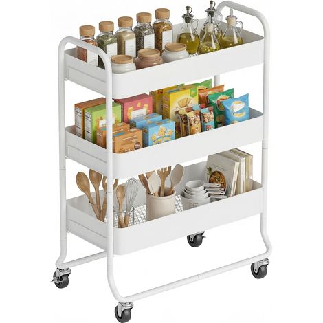 HOMCOM 3-Tier Storage Trolley, Storage Cart with Mesh Backets, Wheels, White