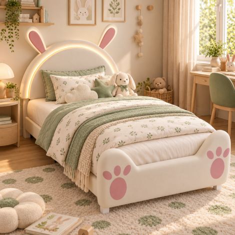Lit enfant 90 x 200 cm forme lapin cartoon avec LED, Lit Filles rembourré,lit princesse, Cadre de lit d'Enfant et d'Ado, Rose+blanc, MDF, sommier Non (1/5)