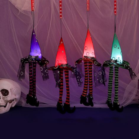 Chapeau de sorcière lumineux Halloween, suspension à longues jambes, décoration vitrine, pendaison pour fête, violet (1/4)