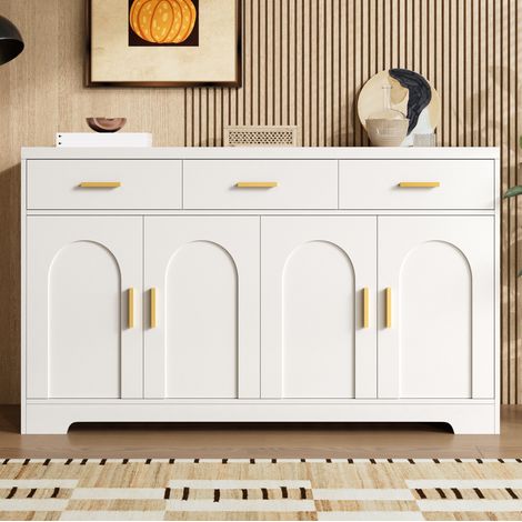Aparador blanco 140 x 40 x 83 cm, 3 cajones, 4 puertas arqueadas, MDF DESVIAE (1/5)