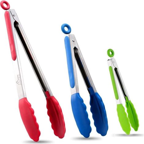 Pinces de Cuisine Verrouillables, Pince Cuisine Silicone, en Acier Inoxydable de Qualité Qupérieure avec Embouts en Silicone, lot de 3- 17,8cm, 23 cm et 30,5 cm