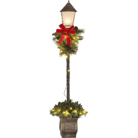 Lanterne de Noël avec baies, pommes de pin et nœud, lumières LED, tige en métal, 150 cm (1/5)