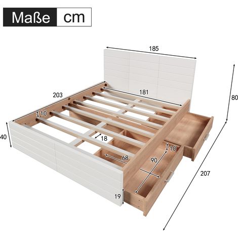 Lit double en bois 180×200cm avec 2 tiroirs, lit moderne avec cadre de lit et cadre à lattes - 207×80×185cm (L×H×W) en chêne/blanc (sans matelas) (1/5)