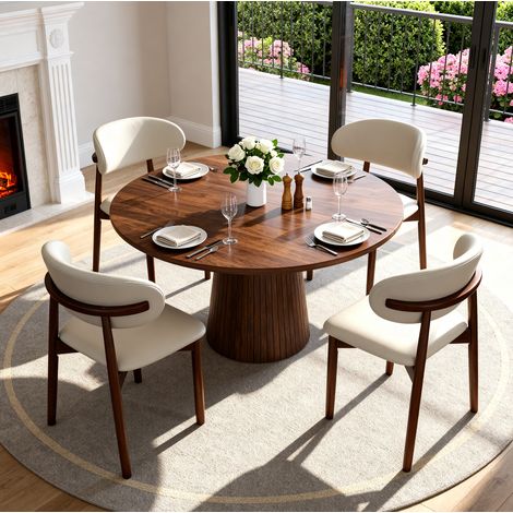 Conjunto mesa de comedor redonda 110 cm MDF nogal y 4 sillas blancas - CHICFURN (1/5)