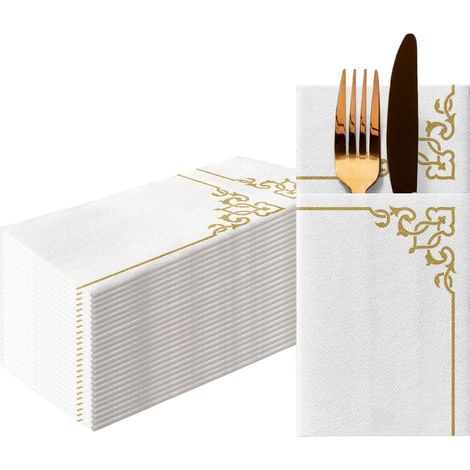 Serviette de Table Papier Airlaid 1/8 pocket 25 Pièces Idéal pour Mariage, Baptême, Communion, Anniversaire Serviettes en Tissu de Décoration de Table Cadre Élégant Doré (1/5)