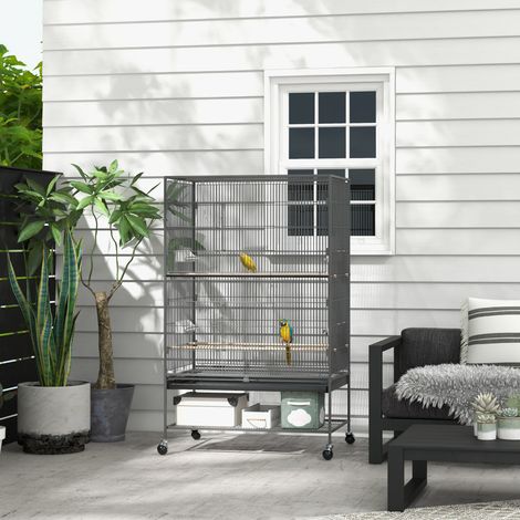 Voliere per uccelli 94x57x153 cm in metallo grigio con ruote - MEUBLIV (1/5)