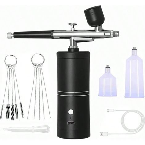 Kit de pompe à air haute pression rechargeable sans fil 48 PSI, avec buse de 0,3 mm et brosse de nettoyage, pour la peinture en nail art et la décoration de gâteaux, noir (1/5)