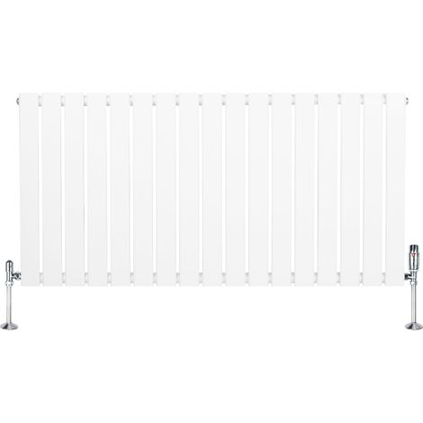 Radiateur Plat à 1 Colonne & Vannes 600 x 1190 mm en Acier Blanc Chauffage Centrale Moderne Horizontale Monté Sur Mur Cuisine Salle de Bain [Brosse de Nettoyage & Supports INCLUSES]