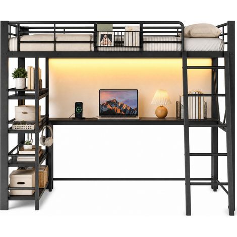 Lit mezzanine 140x200 cm avec bureau intégré, étagère 4 niveaux, panier de rangement, LED Bluetooth et station USB, noir, gain de place - CHICFURN (1/5)
