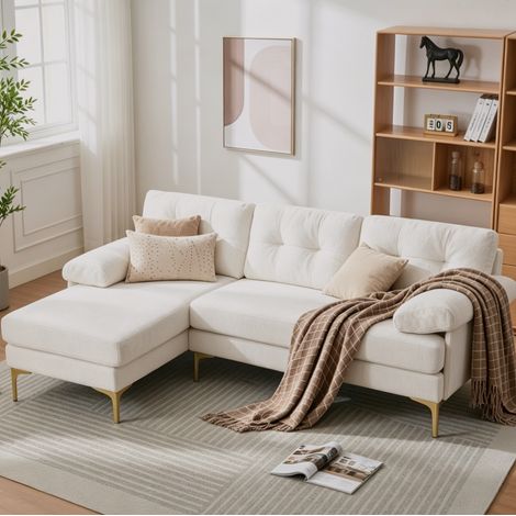 Canapé 3 places 187 cm en chenille, dossier réglable, canapé convertible réversible, 3 coussins d'assise, pieds métalliques, beige (1/5)