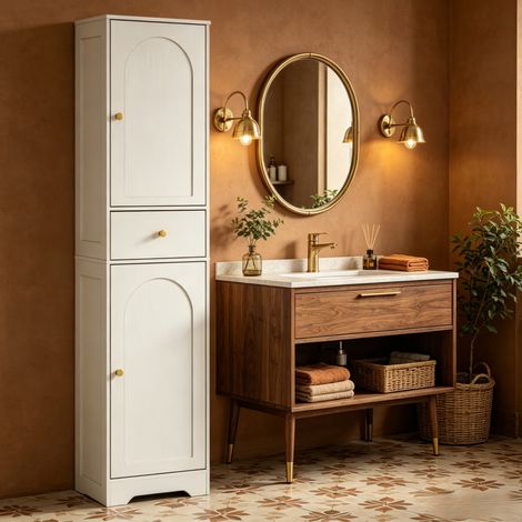 Armario alto de baño blanco de tablero de partículas 40 x 29,5 x 170 cm OKWISH (1/5)