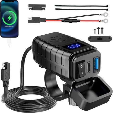 Pour Prise USB Moto 12 V étanche, Chargeur Type-C et USB avec Interrupteur Marche/arrêt et Voltmètre LED, Prise SAE vers USB Quick Charge 3.0 USB-C pour Camping-Car Moto 12 V  24 V (Type-C + USB-A) (1/5)