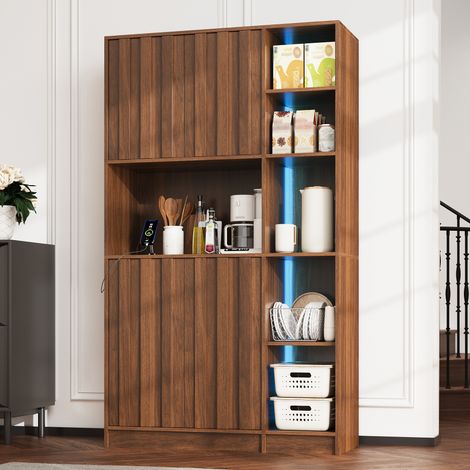 Buffet de cuisine led 105x40x180cm armoire vitrine prise électrique range-épices coulissant casier bouteilles - mdf - marron (1/5)