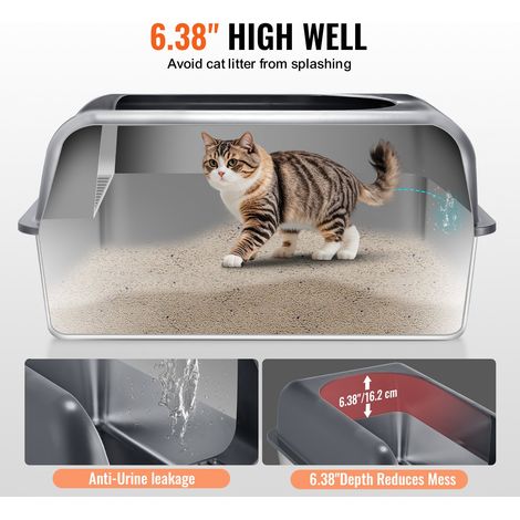 Bac à Litière pour Chat Profondeur 152,4 mm Extra Large en Acier Inoxydable avec Pelle, Repose-pied Filtrant, Côtés Hauts, sans Odeur, Facile à Nettoyer, Adapté aux Grands Chats, Gris Foncé (1/5)