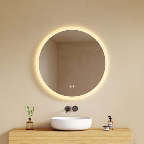 EMKE LED Badezimmerspiegel mit Antibeschlag Ø70cm Dimmbar 3 Lichtfarben Touch Schalter Mattierter Lichtrand Rahmenlos