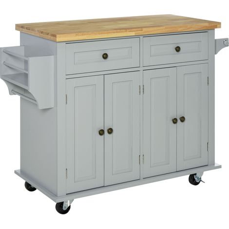 Rolling Kitchen Island Storage Trolley with Rubber Wood Top & Drawers for Dining Room, Grey