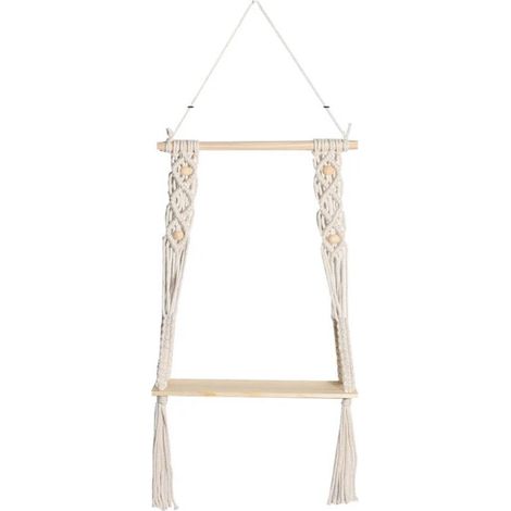 1PC Macrame Wood Wall Shelf Bohemian Deco Plants Simple Tassel Manual Woven Bedroom Living Room WC Hanging Shelf Rope-Wall Shelf (1/5)