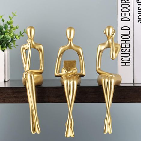 Décoration dorée statue moderne 3 pièces – Résine résistante aux intempéries – Parfaite pour salon, bureau et étagère