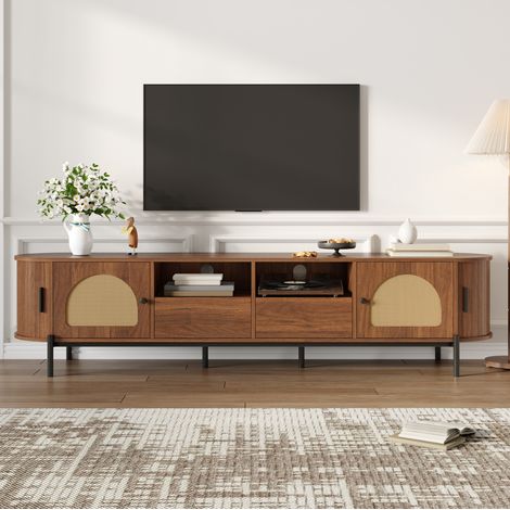 Mobile TV ovale 200x40x49,5 cm in MDF noce con vani portaoggetti – MEUBLIV (1/5)