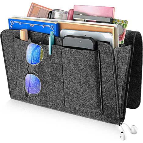 Organizer da comodino con 5 scomparti, tasca in feltro per il letto, borsa portaoggetti in feltro appesa per cellulare, telecomando, quaderno, penna, rivista, occhiali (grigio scuro) (1/5)