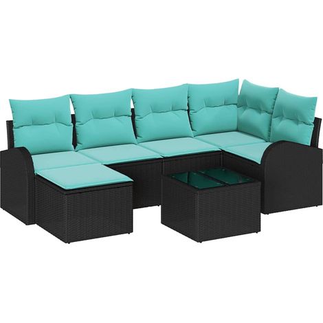 Sofa Set with Cushion 7 pcs Black and Turquoise Poly Rattan vidaXL (1/5)