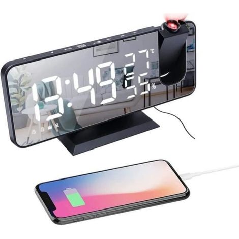 Réveil à projection - - Noir - Radio FM - Fonction Snooze - Chargeur USB (1/4)