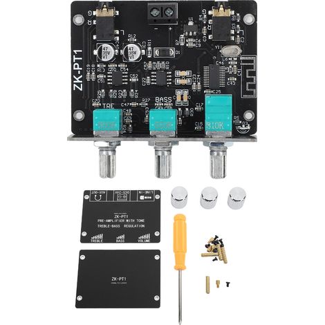 Récepteur-décodeur sans fil Bluetooth 5.0 ZK PT1, amplificateur, sortie AUX stéréo 2 canaux avec réglage des basses et des aigus, alimentation 5-24 V CC (1/5)