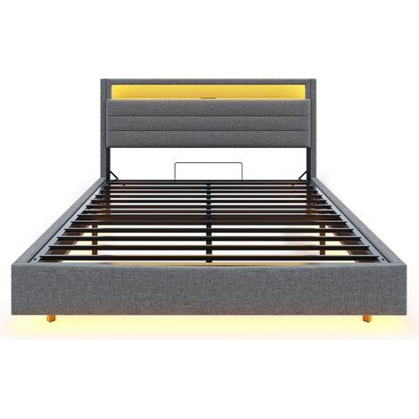 Lit rembourré 160 x 200 cm, cadre de lit flottant hydraulique avec rangement, lit rembourré multifonction avec prise USB et éclairage LED, tête de lit réversible, lin gris (1/5)