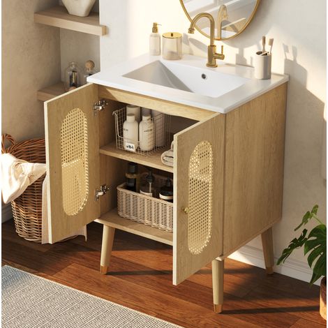 Meuble vasque 61x47x89 cm en bois, naturel, avec rangement pour salle de bain FloraGrace (1/5)