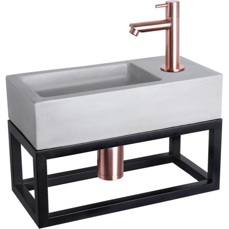 Differnz Ravo Set lave-mains 38.5x18.5x25cm 1 trou avec robinet droit et siphon + bonde cuivre rose Rectangulaire Béton Gris clair (1/5)