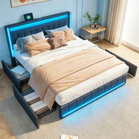 Lit capitonné 180×200cm avec tiroirs, lit coffre avec lumière LED et port USB, lit double avec espace de rangement, Sommier à lattes,lit pour adulte et adolescent, Lin, Gris (1/5)