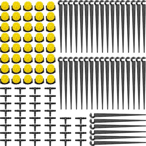 Kit de riego por goteo automático de 120 piezas de 4/7 mm, 40 goteros ajustables + 40 conectores en T para manguera + 40 estacas de soporte para tubería de goteo de 4/7 mm, para jardín, amarillo (1/5)