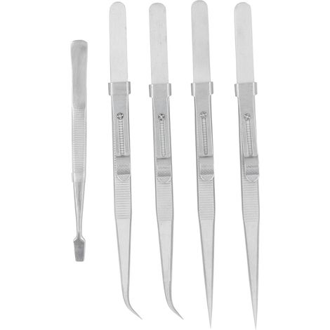 Set mit 5 antistatischen Edelstahlpinzetten, gebogen, gerade und flach, für Elektronik, Schmuck, Bastelarbeiten, Modellbau und Löten. (1/5)