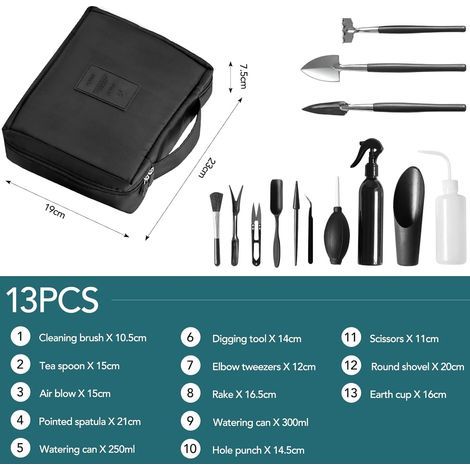 Kit d'outils pour Bonsai, Mini Outils de Jardinage pour les Plantes d'intérieur, Lot de 13 Outils en Acier Carbone pour Plantes Succulentes Transplantation à la Main, avec Sac de Rangement (1/4)