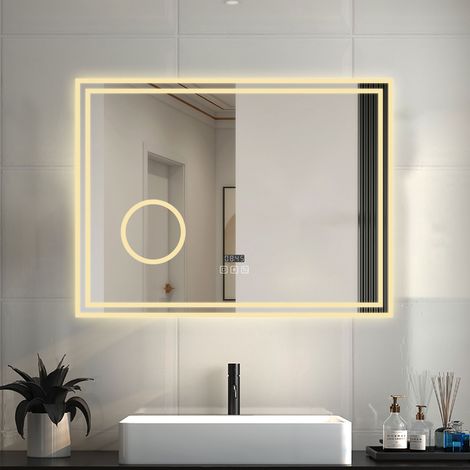 LED Badspiegel mit Uhr Bluetooth Warmweiß/Neutralweiß/Kaltweiß 3000-6000k Dimmbar Beschlagfrei 3-Fach klares vergrößertes Speicherfunktion Badezimmer Spiegel mit Beleuchtung CE IP44 100x60cm (1/5)