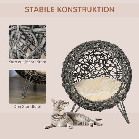 Niche pour chat en rotin gris argenté avec coussin, lit surélevé pour félin, Ø52 x 58 cm, maison confortable pour animal de compagnie (1/4)