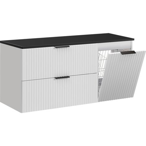Furnidea - Meuble suspendu sous vasque ADEL BLANC 120 cm avec panier à linge et plan noir - 2 tiroirs - Façades rainurées (1/5)