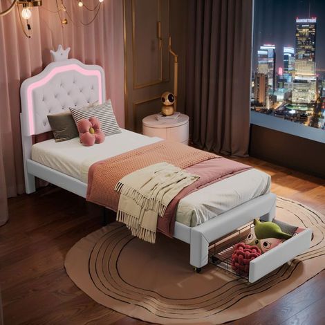 Bett Kinder 90x200 cm „Krone“ LED weiß mit Schublade, Lattenrost — Rahmen 1 Platz