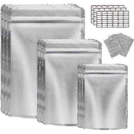 Packung mit 50 wiederverschließbaren Mylar-Beuteln zur Aufbewahrung von Lebensmitteln, mit Sauerstoffabsorber, für Getreide, Nüsse und Lebensmittel. (1/5)